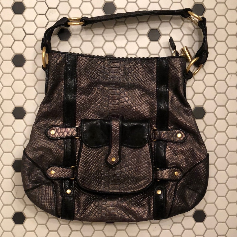 BABEE D Snakeskin Leather Purse Metallic Black